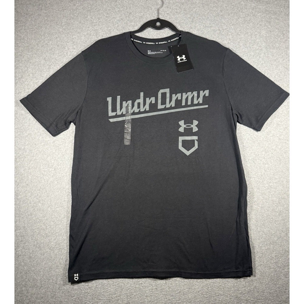Under Armour Baseball Script T-Shirt Size L Black Short Sleeve Graphic Tee